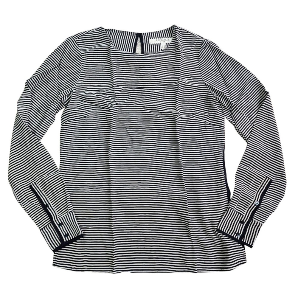 LK Bennet IBRI Silk Top Size 4 Blue Striped Crew Neck Keyhole Preppy Long Sleeve